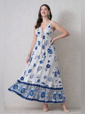 26403 White and Blue Floral Boho V-Neck Maxi Dress